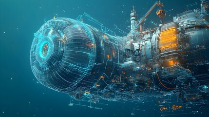 Poster - Detailed glow mesh networks wrapping around complex industrial chemical plant equipment showcasing a futuristic and interconnected technological infrastructure