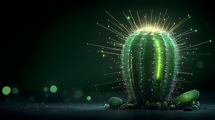 Poster - Digitally Rendered Cactus with Glowing Mesh Lines Tracing the Sharp Edges of its Spikes   Abstract Futuristic and Minimalist Digital Art for Modern Decor and Backgrounds