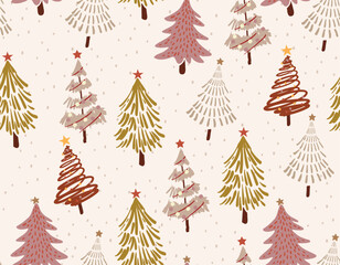 Season Greeting Hand drawn Christmas seamless pattern, pine trees, stars, snow,  Vector illustration.Not Ai