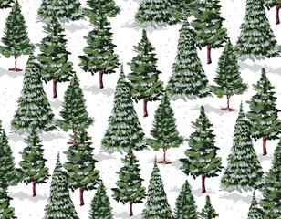 Wall Mural - Season Greeting Hand drawn Christmas seamless pattern, pine trees, stars, snow,  Vector illustration.Not Ai