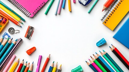 A variety of colorful school supplies, including pencils, markers, notebooks, and rulers arranged around the edges of the image with a clean white space in the center for text