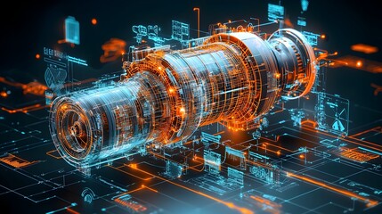 Aufkleber - Futuristic 3D glowing mesh representation depicting the dynamic and interconnected processes within an industrial plant or manufacturing facility