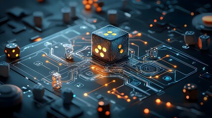 Poster - Futuristic and Visually Striking Board Game Setup with Glowing Mesh Lines Luminous Dice and Geometric Game Pieces Arranged on a Sleek Minimalist Surface