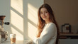 © Юлия Сергеева - Young woman sitting in a cozy cafe with a cup of coffee, enjoying the sunlight