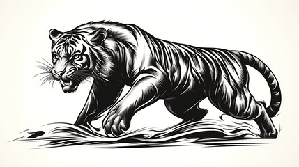 Elegant minimalist sketch of a crouching tiger, ready to strike, minimalist style on a white background, flowing linework capturing the animal's tension and power, hd quality, natural look,