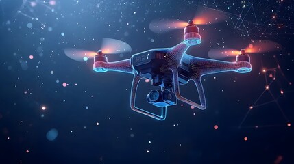 Poster - Futuristic glowing mesh drone with neon propellers spinning and hovering in dynamic abstract and surreal motion showcasing innovative technology and digital energy