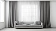 © Arifin Studio - A gray sofa with pillows sits in front of a large window with gray curtains and white sheer curtains in a minimalist living room.