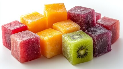 Wall Mural - A group of colorful fruit ice cubes, including kiwi, orange, and red fruit, stacked on a white background.