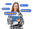 © ImageFlow - A woman holding a tablet, smiling while reviewing star ratings. Star icons hover around her. Isolated on a white background, concept of online feedback