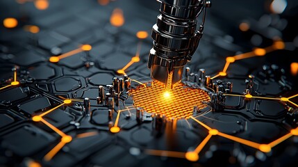 Fototapete - Futuristic power grid infrastructure with glowing energy flow mesh connecting the transmission lines and network  Innovative technology for efficient and sustainable electricity distribution