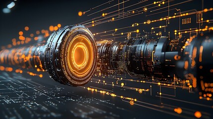 Poster - Futuristic visualization of an automated assembly line system with dynamic glow mesh flows showcasing the precision efficiency and technological advancements in modern manufacturing processes