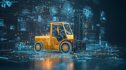 Poster - Futuristic warehouse logistics concept featuring glowing mesh patterns tracing the paths of forklifts and other material handling equipment  The dynamic visualization showcases an efficient