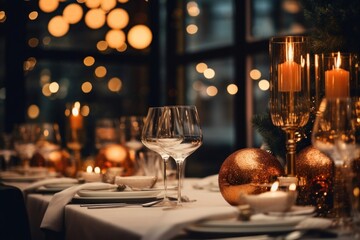 Canvas Print - Christmas candle decoration restaurant.