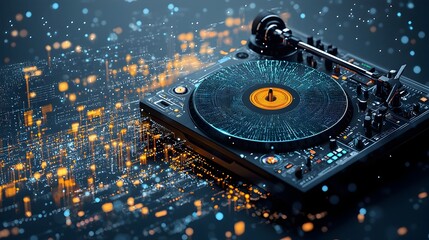 Leinwandbilder - Glowing abstract mesh DJ turntable spinning with vibrant pulsing light waves creating a futuristic mesmerizing digital art design  Kinetic rhythmic and electrifying visual effect for electronic music