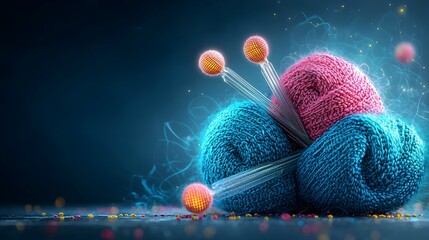 Poster - Glowing futuristic looking mesh knitting needles with luminous iridescent yarn in an abstract digital The scene has a modern minimalist design with a captivating ethereal aesthetic