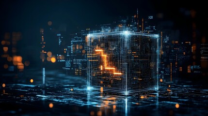 Leinwandbilder - Glowing Futuristic Wireframe Cube Abstract Geometric Digital Backdrop  Minimalist 3D Render with Luminous Mesh Lines and Edges Creating a Sleek Modern and Technological Concept