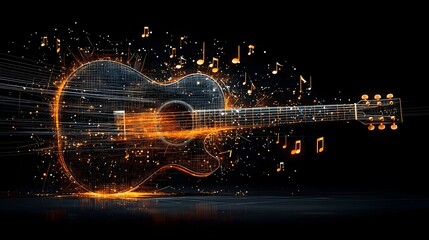 Poster - Glowing guitar notes effortlessly flowing through a mesh of luminous lines in an abstract digital showcasing the harmony and rhythm of music