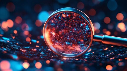 A magnifying glass focuses on a swirling mass of data, suggesting the concept of data analysis or digital investigation.