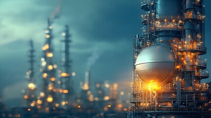 Aufkleber - Glowing high tech oil refinery with interconnected mesh lines creating a futuristic and abstract industrial background  The facility features a complex network of pipes towers and machinery
