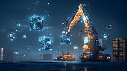 Poster - Glowing Mesh Cranes Efficiently Handling Cargo Containers at Harbor Dock  Futuristic Industrial Transportation and Logistics Concept