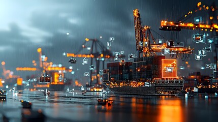 Poster - Glowing Mesh Cranes Handling Cargo Containers at Busy Harbor Terminal with Efficient Logistics and Shipping Transportation