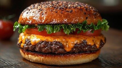 Cheeseburger with lettuce, tomato, and cheddar on a sesame seed bun closeup Generative AI