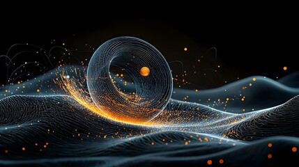 Aufkleber - Glowing mesh like waves depicting the dynamic energy and rhythmic pulse of a tribal drumming circle performance  The abstract futuristic artwork showcases a modern