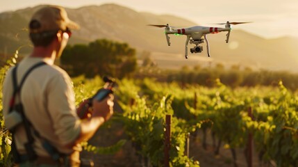 Drone monitoring crops and smart agriculture in a digital farming. Generative AI An advanced autonomous robot drone equipped with sensors and AI technology is operating in an agricultural field,