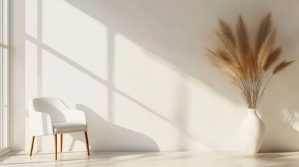 Serene interior scene with stylish chair and elegant dried pampas grass in minimalist decor setting