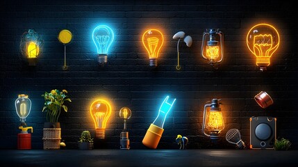 Aufkleber - Glowing mesh line icons depicting various everyday objects with vibrant neon outlines creating a modern minimalist and futuristic visual style