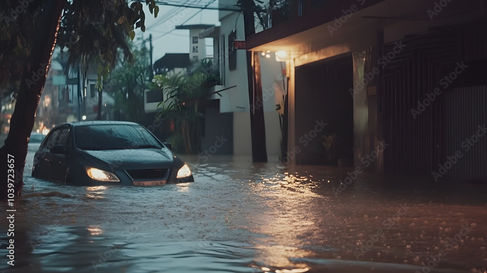 Car Is Partially Submerged In Rising Floodwaters Outside A Home During