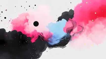 Canvas Print - Abstract Watercolor Background with Pink  Blue and Black Colors  Stars and Circles