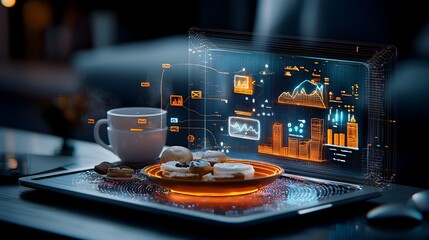 Poster - Glowing mesh lines artfully outlining a morning breakfast tray placed on a cozy bed creating a serene and innovative digital design