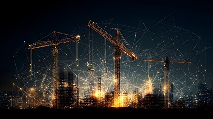 Poster - Glowing mesh lines artfully overlaying construction cranes amidst a modern urban skyline representing the of technology and infrastructure in a futuristic digital landscape