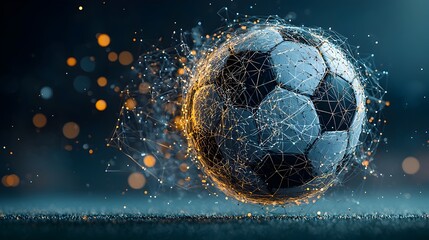 Leinwandbilder - Glowing Mesh Lined Soccer Ball Soaring Through the Air with Luminous Trails Following its Trajectory  Dynamic Digital of a Sports Equipment in Motion with Futuristic Technological Aesthetic