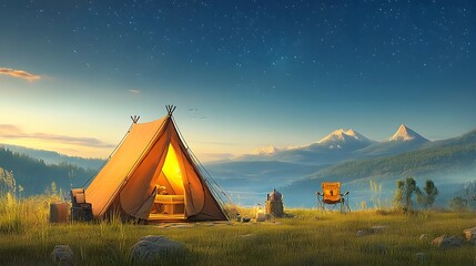 Poster - Glowing mesh lines create a captivating depiction of a starry night sky above a tranquil campsite with softly lit glowing tents nestled in a peaceful natural setting