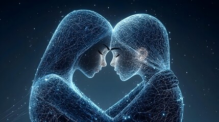 Glowing mesh lines create the outline of two friends hugging in a surreal futuristic digital embrace  The dynamic luminous forms suggest a sense of connection