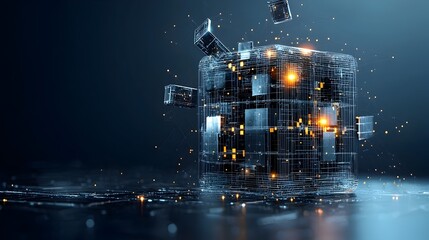 Poster - Glowing mesh lines form a futuristic wireframe cube with vibrant edges and a sleek modern digital backdrop  This abstract geometric design evokes a sense of technology