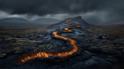 Poster - Glowing mesh lines outlining the dynamic path of molten lava flowing down the volcanic landscape creating a captivating futuristic and digital artscape