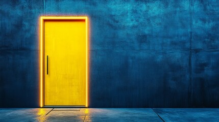 aesthetic modern minimalist yellow door on modern-abstract dark blue wall