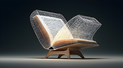 Aufkleber - Glowing mesh outline of an open Islamic holy book the Quran floating on a minimalist stand  This digital 3D represents the sacred text with a modern abstract and technological aesthetic
