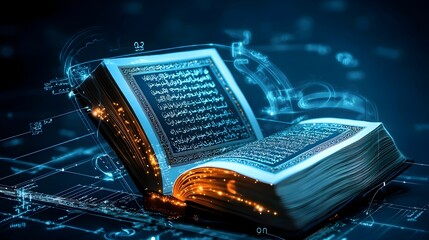 Aufkleber - Glowing mesh outline of an open Quran book resting on a stand creating a captivating digital that symbolizes the sacred and spiritual nature of Islamic faith and tradition