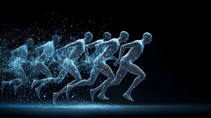 Poster - Glowing mesh patterns tracing the fluid and dynamic movement of athletes as they race  The abstract and futuristic design suggests the use of technology to track and visualize athletic performance