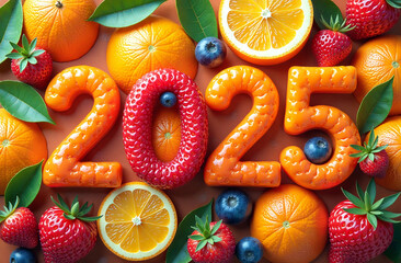 Wall Mural - New year 2025 made of fruits and berries on orange background, top view