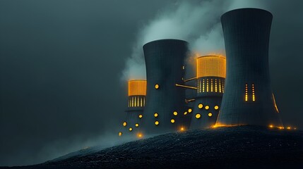 Aufkleber - Glowing Mesh Representing Heat Distribution in Energy Plant Cooling Towers  Industrial Landmark with Steam Emission Electricity Clean Energy Technology