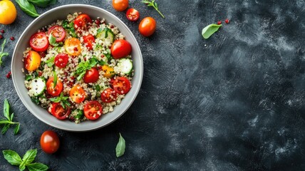 Wall Mural - Fresh quinoa salad with colorful cherry tomatoes, cucumbers, and herbs in gray bowl on dark background