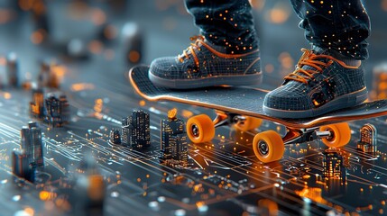 Poster - Glowing mesh trails following a skateboarder as they execute thrilling tricks and stunts within an urban futuristic environment with digital illuminated elements