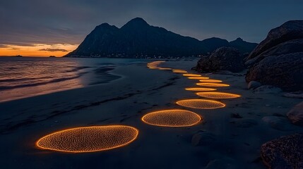 Leinwandbilder - Glowing mesh trails tracing ethereal footsteps across a serene beach at the tranquil dawn