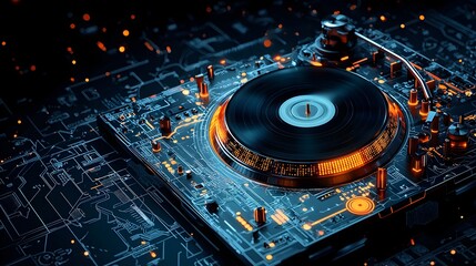 Aufkleber - Glowing Mesh Turntable Spinning with Vibrant Light Waves for Dynamic Music Experience  Abstract digital of a DJ turntable in motion creating an energetic and futuristic atmosphere perfect for club