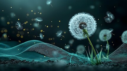 Leinwandbilder - Glowing mesh waves of light gently surrounding and guiding ethereal dandelion seeds as they drift weightlessly through the wind in a mesmerizing captivating display of natural beauty and digital